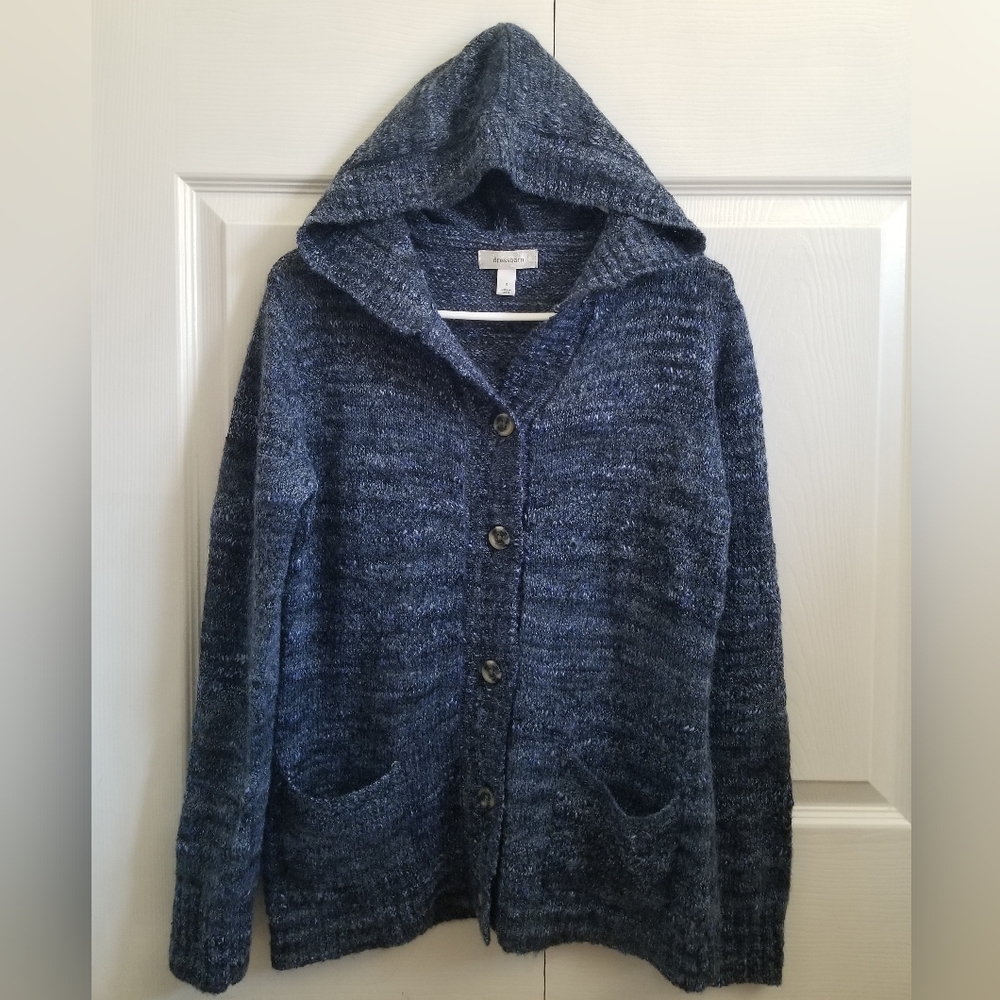 Dressbarn Women's Sweater S Blue Wool Button Up Hooded Cardigan **CLEARANCE**